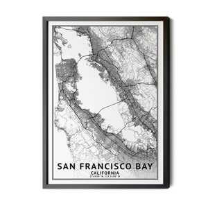 San Francisco Bay California Map, Black and White, Coordinates, San Francisco Bay Map, Map of San Francisco Bay, Perfect Details, Printable