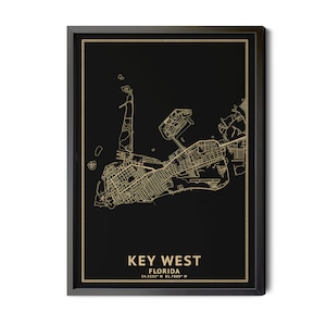 Key West Florida Map, Black, High Resolution Real Gold Leaf Texture, Coordinates, Map of Key West, Key West FL, Perfect Details, Printable