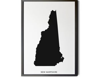New Hampshire Map, Black and White, Minimalist, New Hampshire Wall Art, Map of New Hampshire, New Hampshire State Map, Silhouette, Printable