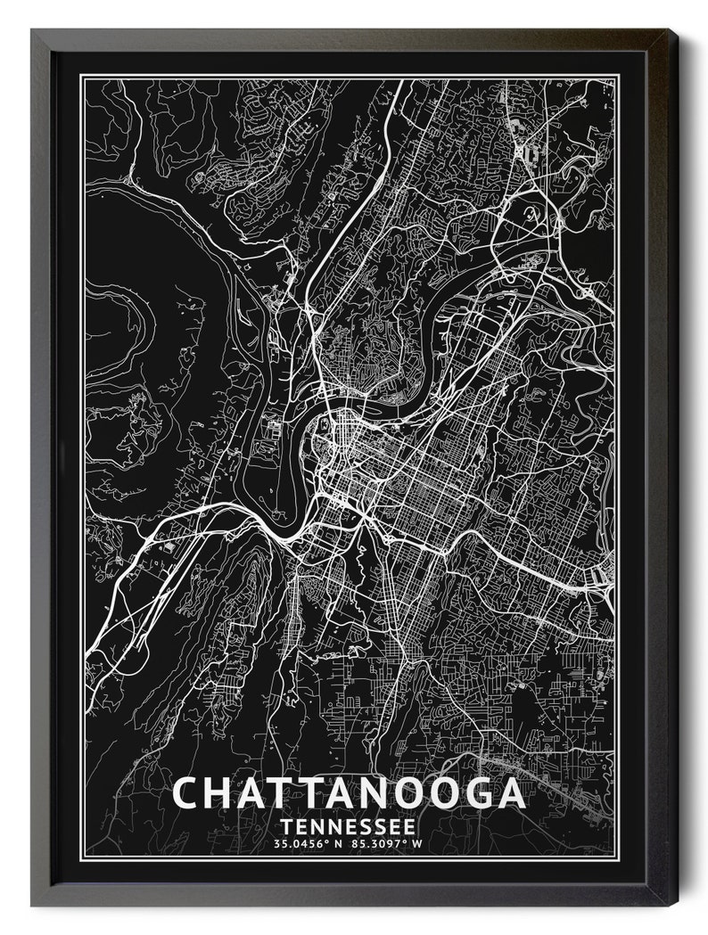 Chattanooga Tennessee Map, Black and White, Inverted, Coordinates, Map ...