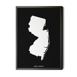 New Jersey Map, Black and White, Inverted, Minimalist, New Jersey Wall Art, Map of New Jersey, New Jersey, NJ Map, Silhouette, Printable