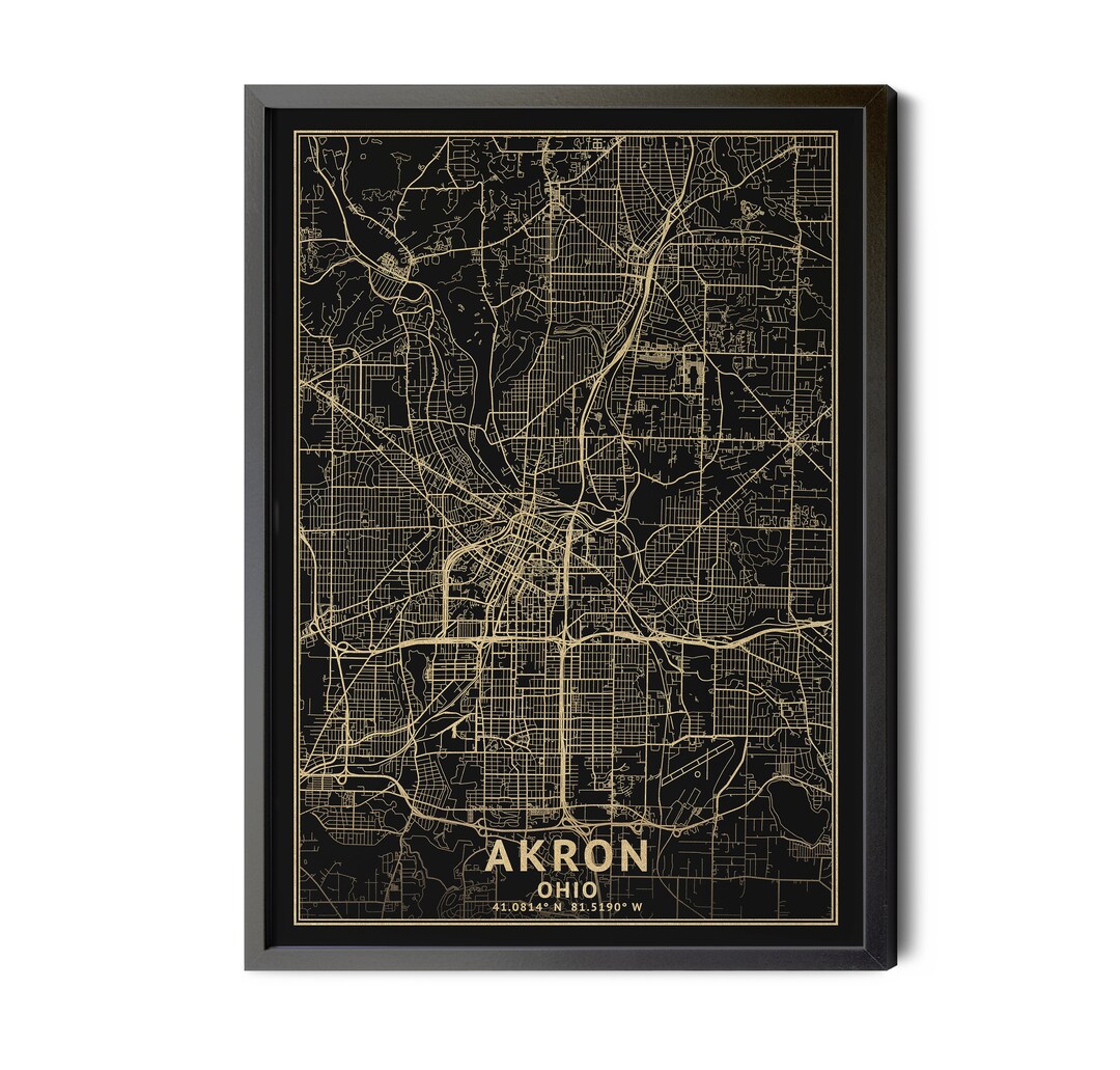 Akron Ohio Map Black High Resolution Real Gold Leaf Texture Etsy