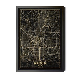 Akron Ohio Map, Black, High Resolution Real Gold Leaf Texture, Coordinates, Map of Akron, Akron OH, Map Art, Perfect Details, Printable