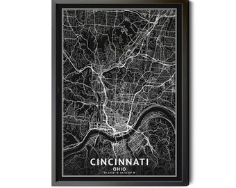 Cincinnati Ohio Map, Black and White, Inverted, Coordinates, Map of Cincinnati, Cincinnati OH, City Map, Perfect Details, Printable