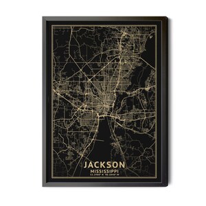 Jackson Mississippi Map, Black, High Resolution Real Gold Leaf Texture, Coordinates, Map of Jackson, Jackson MS, Perfect Details, Printable