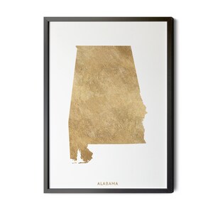 Alabama State Map, High Resolution Real Gold Leaf Foil Texture, State Poster, Alabama Map Wall Art, AL Wall Decor, Silhouette, Printable Map