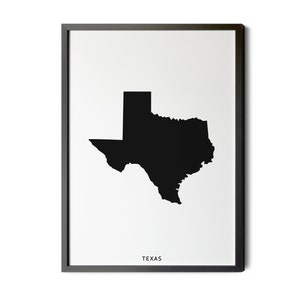 Texas Map, Black and White, Minimalist, Texas Wall Art, Texas Poster, Map of Texas, TX Map, State Map Art, Silhouette, Printable