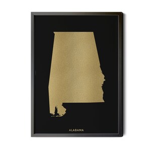 Alabama State Map, Black and Gold Foil Texture, Minimalist State Poster, Alabama Map Wall Art, AL Wall Decor, Silhouette, Printable Map