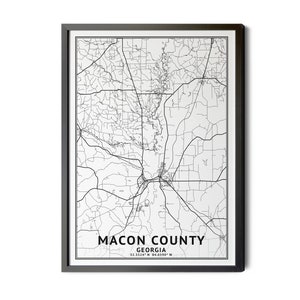 Macon County Georgia Map, Black and White, Coordinates, Map of Macon County, Macon County GA, City Map, Map Art, Perfect Details, Printable