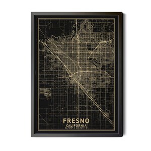 Fresno California Map, Black, High Resolution Real Gold Leaf Texture, Coordinates, Map of Fresno CA, City Map, Perfect Details, Printable.