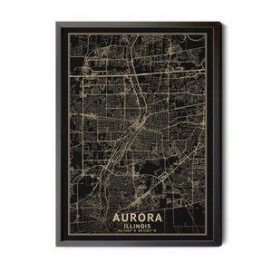 Aurora Illinois Map, Black, High Resolution Real Gold Leaf Texture, Coordinates, Map of Aurora, Aurora IL, Perfect Details, Printable
