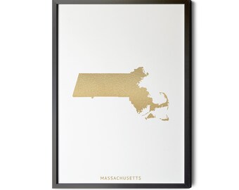 Massachusetts Map, Gold Foil Texture, Contemporary, MA Wall Art, Massachusetts Wall Art, Map of Massachusetts, MA, Silhouette, Printable