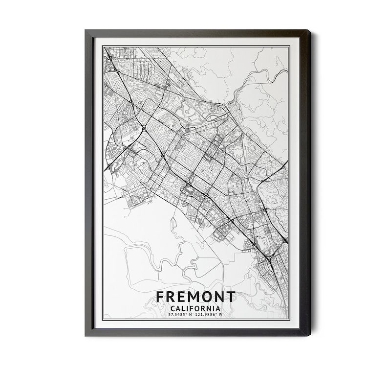 Fremont California Map, Black and White, Coordinates, Map of Fremont ...
