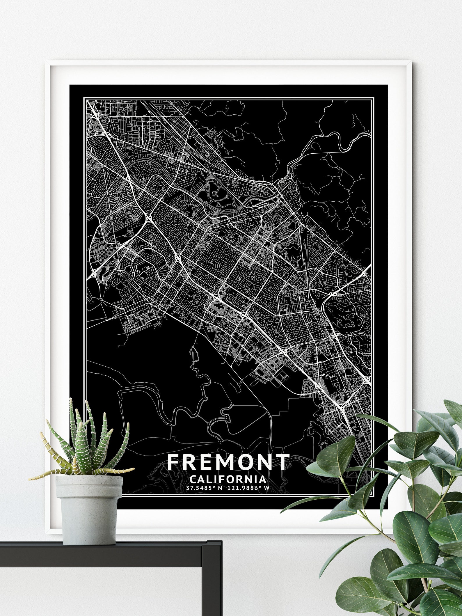 Fremont California Map, Black and White, Inverted, Coordinates, Map of ...