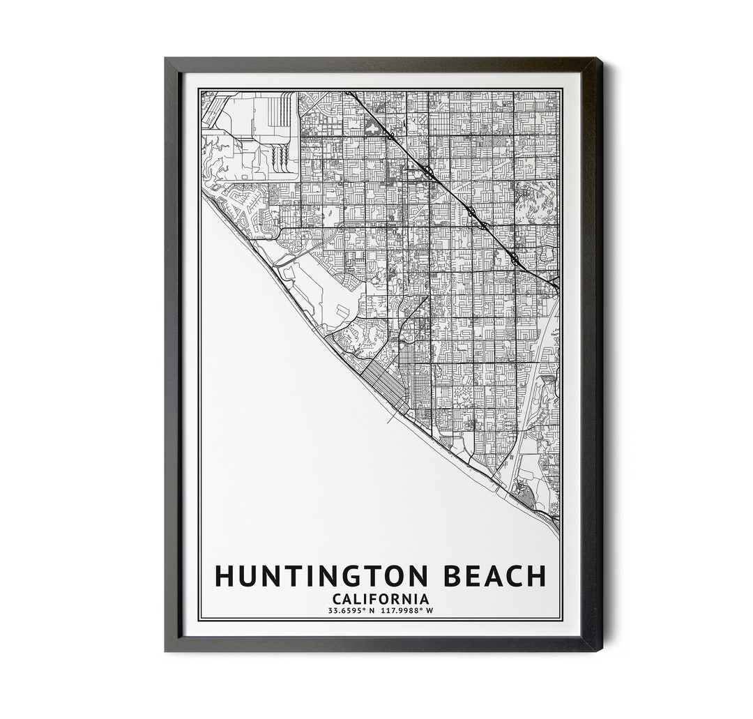 Huntington Beach California Map Black and White Coordinates Etsy