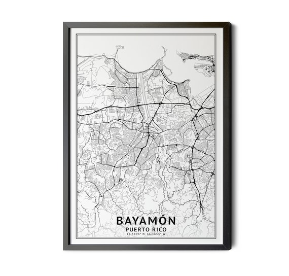 Bayamon Puerto Rico Map Black and White Coordinates Map of Etsy