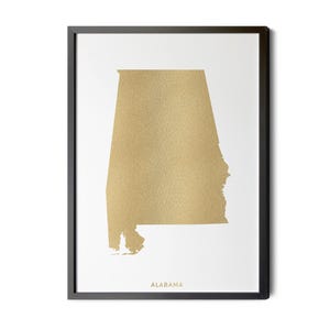 Alabama State Map, Gold Foil Texture, Minimalist State Poster, Alabama Map Wall Art, AL Wall Decor, Silhouette, Printable Map