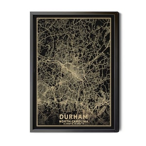 Durham North Carolina Map, Black, High Resolution Real Gold Leaf Texture, Coordinates, Map of Durham, Durham NC, Perfect Details, Printable