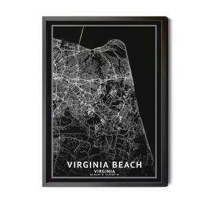 Virginia Beach Virginia Map, Black and White, Inverted, Coordinates, Map of Virginia Beach, Virginia Beach VA, Perfect Details, Printable