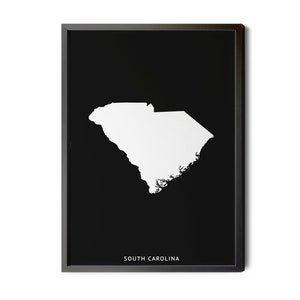 South Carolina Map, Black and White, Inverted Black, South Carolina Wall Art, South Carolina Poster, Map of South Carolina, SC, Silhouette