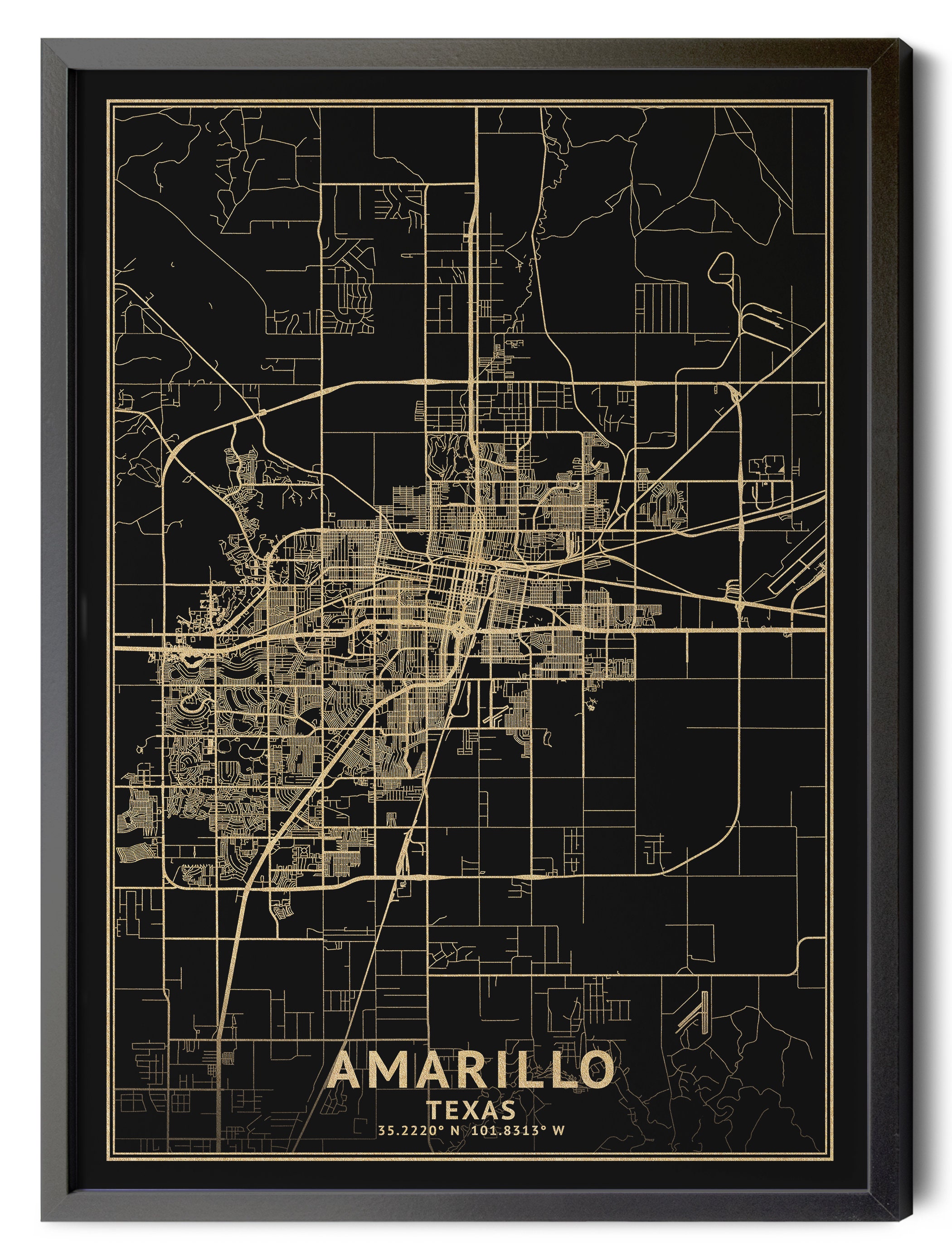 Amarillo Texas Map Black High Resolution Real Gold Leaf - Etsy