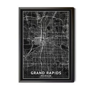 Grand Rapids Michigan Map, Black and White, Inverted, Coordinates, Map of Grand Rapids, Grand Rapids MI, Map Art, Perfect Details, Printable