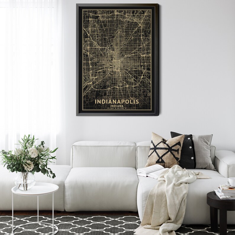 Indianapolis Indiana Map, Black, High Resolution Real Gold Leaf Texture ...