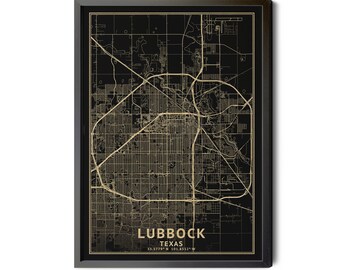 Lubbock Texas Map, Black, High Resolution Real Gold Leaf Texture, Coordinates, Map of Lubbock, Lubbock TX, Perfect Details, Printable