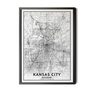 Kansas City Missouri Map, Black and White, Coordinates, Map of Kansas City, Kansas City MO, City Street Map, Perfect Details, Printable