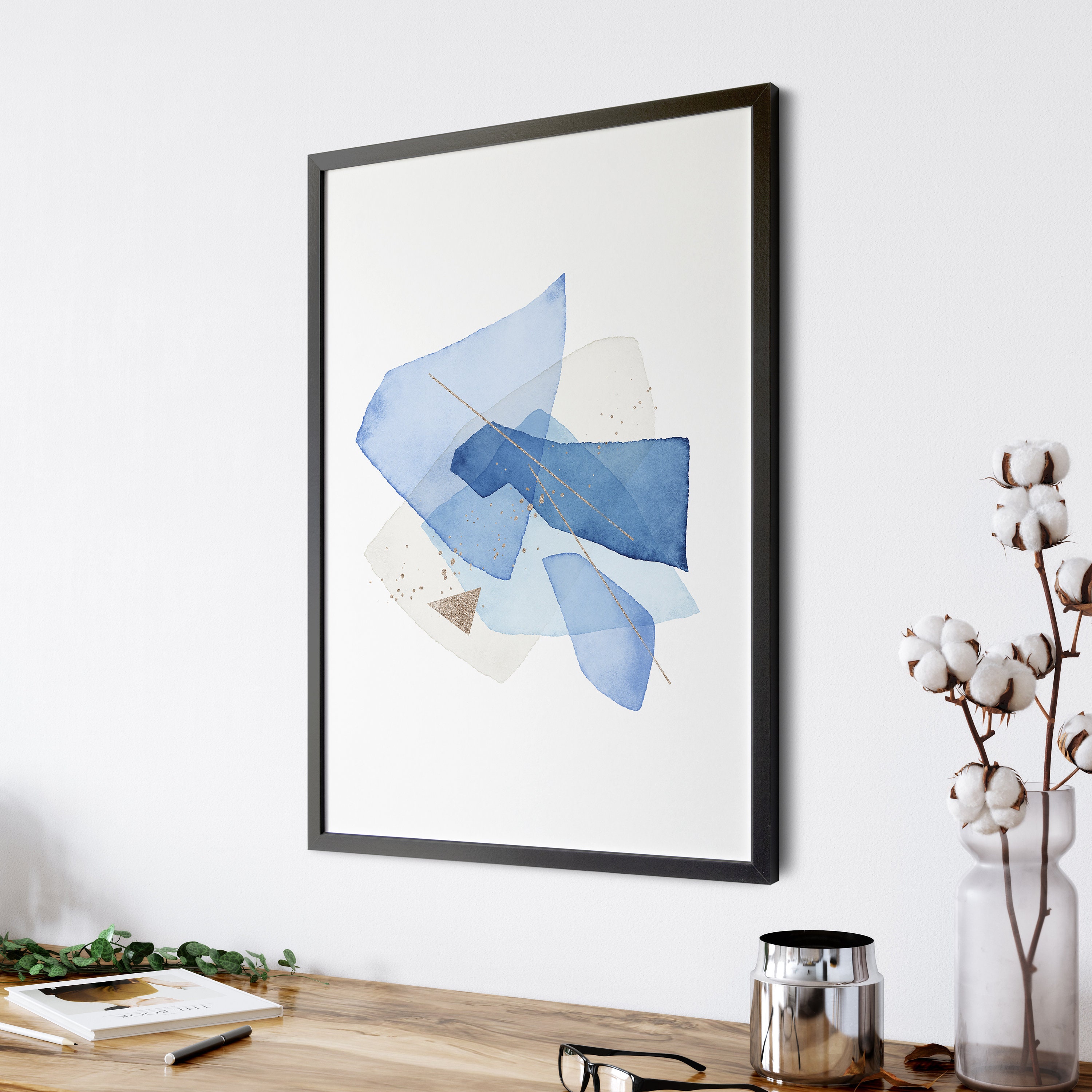 Light Blue Wall Art, Gold Foil Texture, Abstract Art Print, Watercolor ...