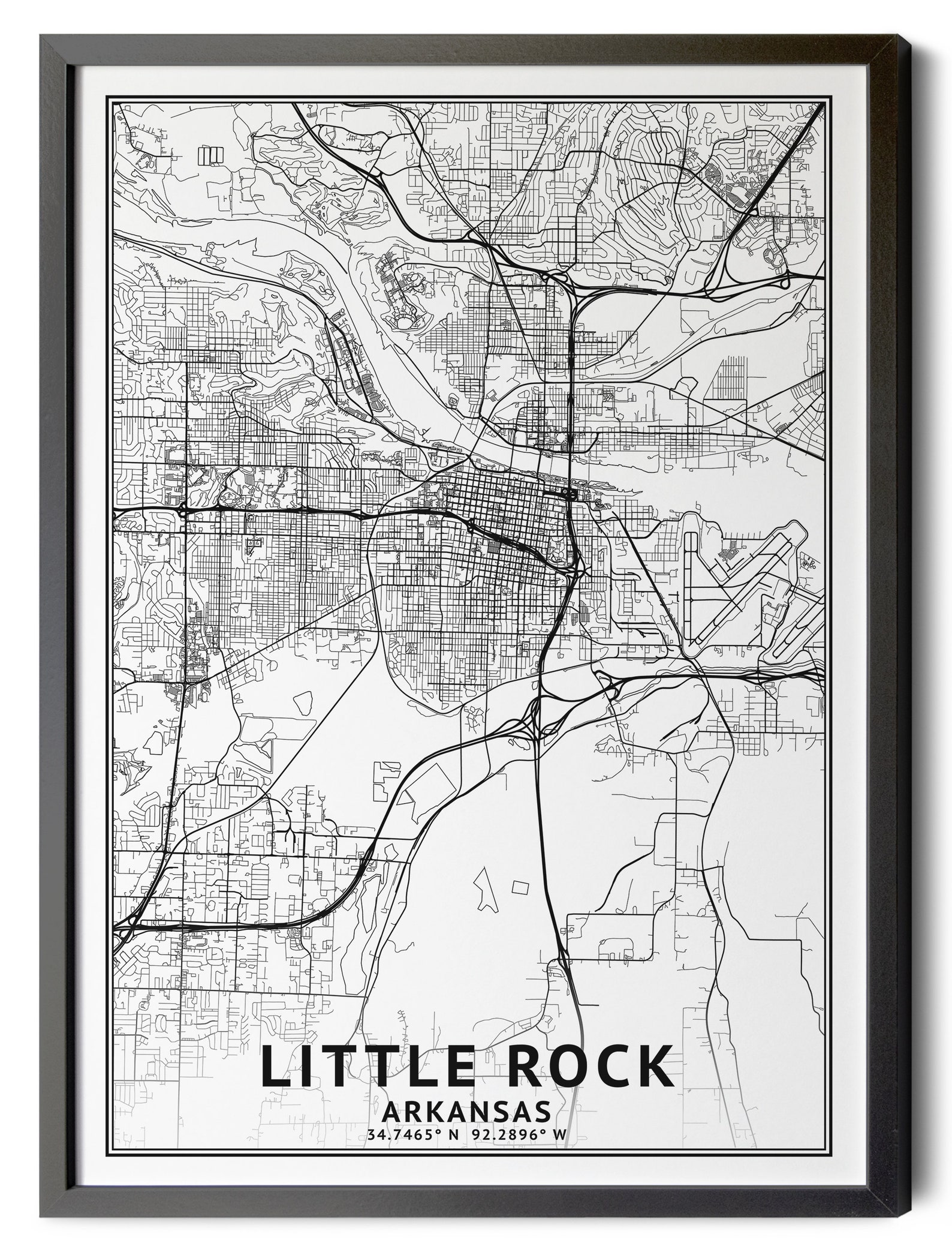 Little Rock Arkansas Map, Black and White, Coordinates, Map of Little
