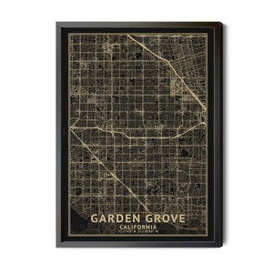 Garden Grove California Map, Black, High Resolution Real Gold Leaf Texture, Coordinates, Map of Garden Grove CA,Perfect Details, Printable
