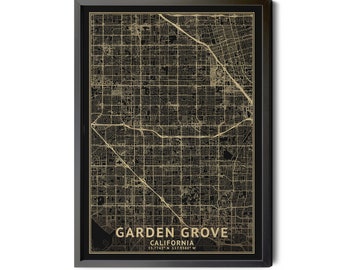 Garden Grove California Map, Black, High Resolution Real Gold Leaf Texture, Coordinates, Map of Garden Grove CA,Perfect Details, Printable