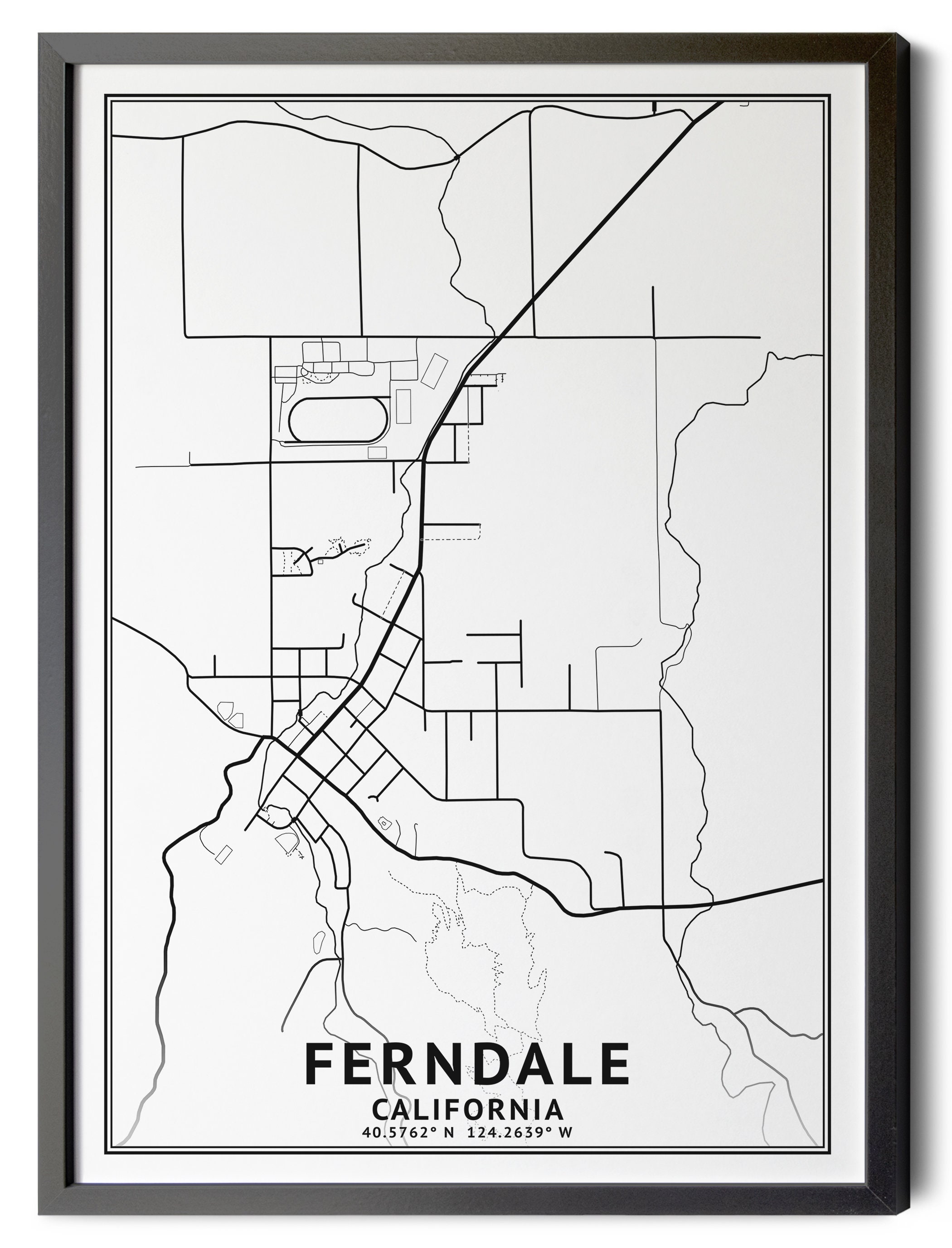 Ferndale California Map Black and White Coordinates Map of Etsy