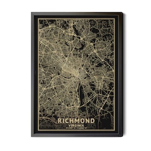 Richmond Virginia Map, Black, High Resolution Real Gold Leaf Texture, Coordinates, Map of Richmond, Richmond VA, Perfect Details, Printable