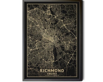 Richmond Virginia Map, Black, High Resolution Real Gold Leaf Texture, Coordinates, Map of Richmond, Richmond VA, Perfect Details, Printable