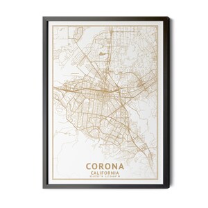 Corona California Map, High Resolution Real Gold Leaf Texture, Coordinates, Map of Corona, Corona CA, City Map, Perfect Details, Printable