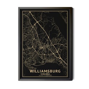 Williamsburg Virginia Map, Black, High Resolution Real Gold Leaf Texture, Coordinates, Map of Williamsburg VA, Perfect Details, Printable