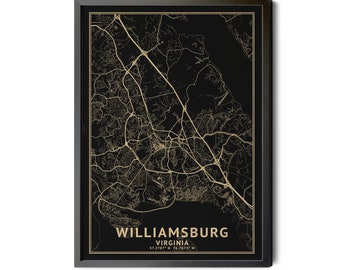 Williamsburg Virginia Map, Black, High Resolution Real Gold Leaf Texture, Coordinates, Map of Williamsburg VA, Perfect Details, Printable