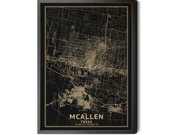 McAllen Texas Map, Black, High Resolution Real Gold Leaf Texture, Coordinates, Map of McAllen, McAllen TX, Perfect Details, Printable