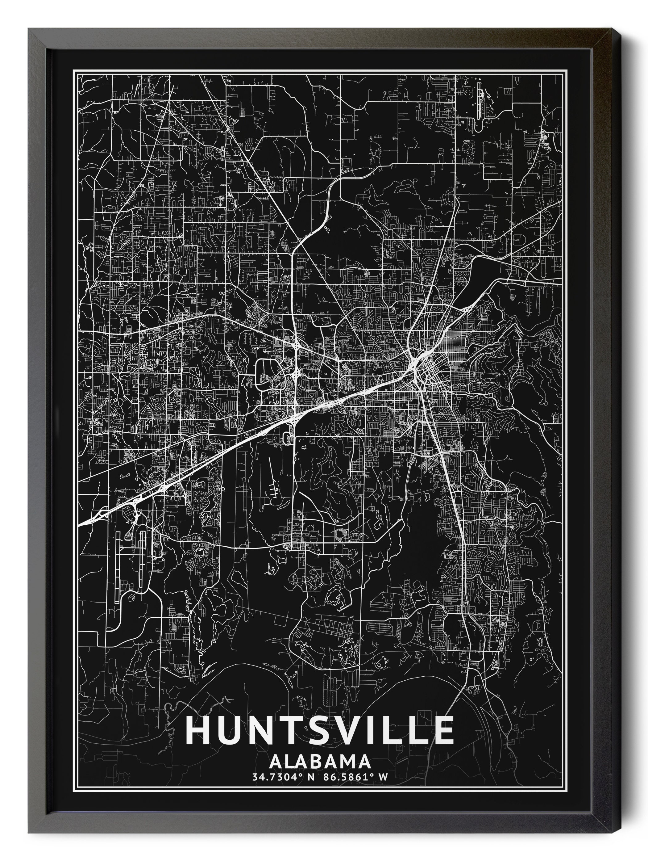 Huntsville Alabama Map, Black and White, Inverted, Coordinates, Map of ...
