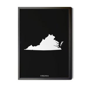 Virginia Map, Black and White, Inverted, Minimalist, Virginia Wall Art, Virginia Poster, Map of Virginia, VA Map, Silhouette, Printable