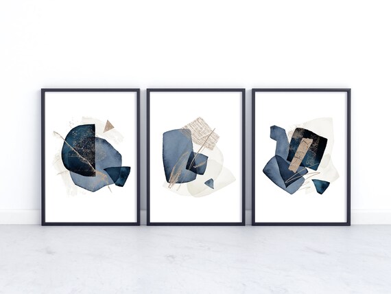 3 Piece Wall Art Navy Blue Printable Wall Art Watercolor | Etsy