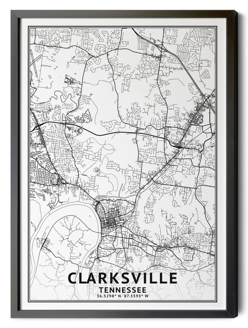 Clarksville Tennessee Map, Black and White, Coordinates, Map of ...