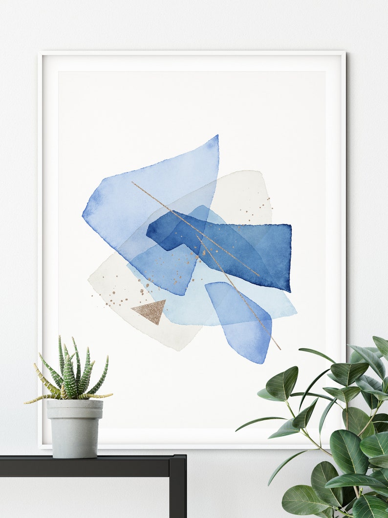 Light Blue Wall Art, Gold Foil Texture, Abstract Art Print, Watercolor ...