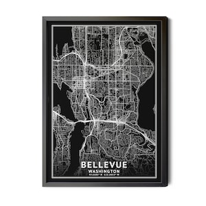 Bellevue Washington Map, Black and White, Inverted, Coordinates, Map of Bellevue, Bellevue WA, Map Art, City Map, Perfect Details, Printable