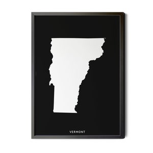 Vermont Map, Black and White, Inverted, Minimalist, Vermont Wall Art, Vermont Poster, Map of Vermont, VT Map, Silhouette, Printable.