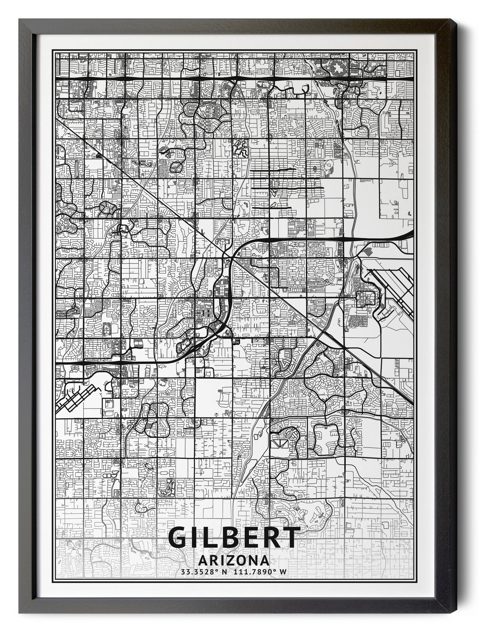 Gilbert Arizona Map, Black and White, Coordinates, Map of Gilbert