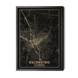 Escondido California Map, Black, High Resolution Real Gold Leaf Texture, Coordinates, Map of Escondido CA, Perfect Details, Printable.