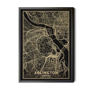 Arlington Virginia Map, Black, High Resolution Real Gold Leaf Texture, Coordinates, Map of Arlington, City Map,  Perfect Details, Printable